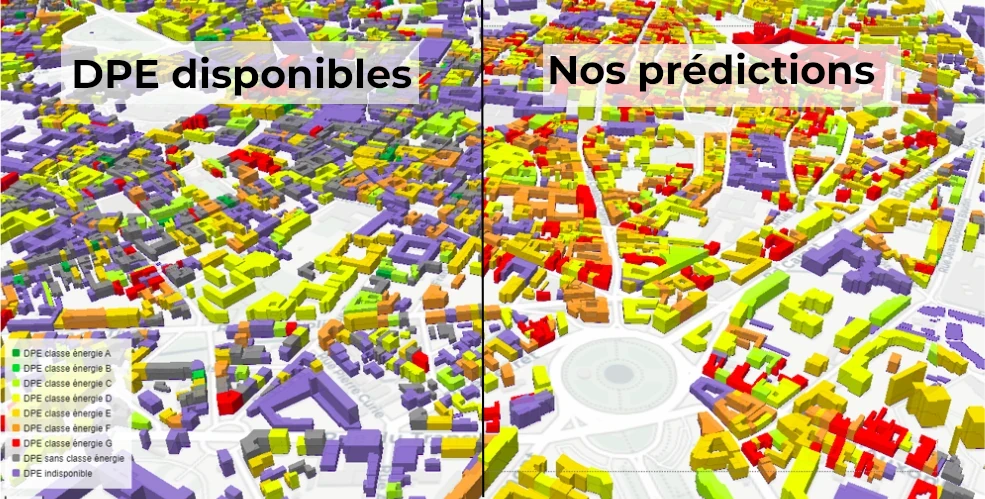 DPE disponibles vs DPE simulés (Les bâtiments tertiaires ne sont pas simulés ici, ils restent violets).