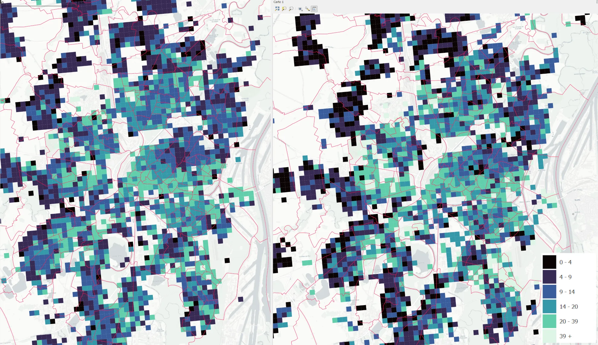 Taux de ménages pauvres, Strasbourg (carreaux de 200m, à gauche: prédictions BDNB, à droite filosofi 2019)