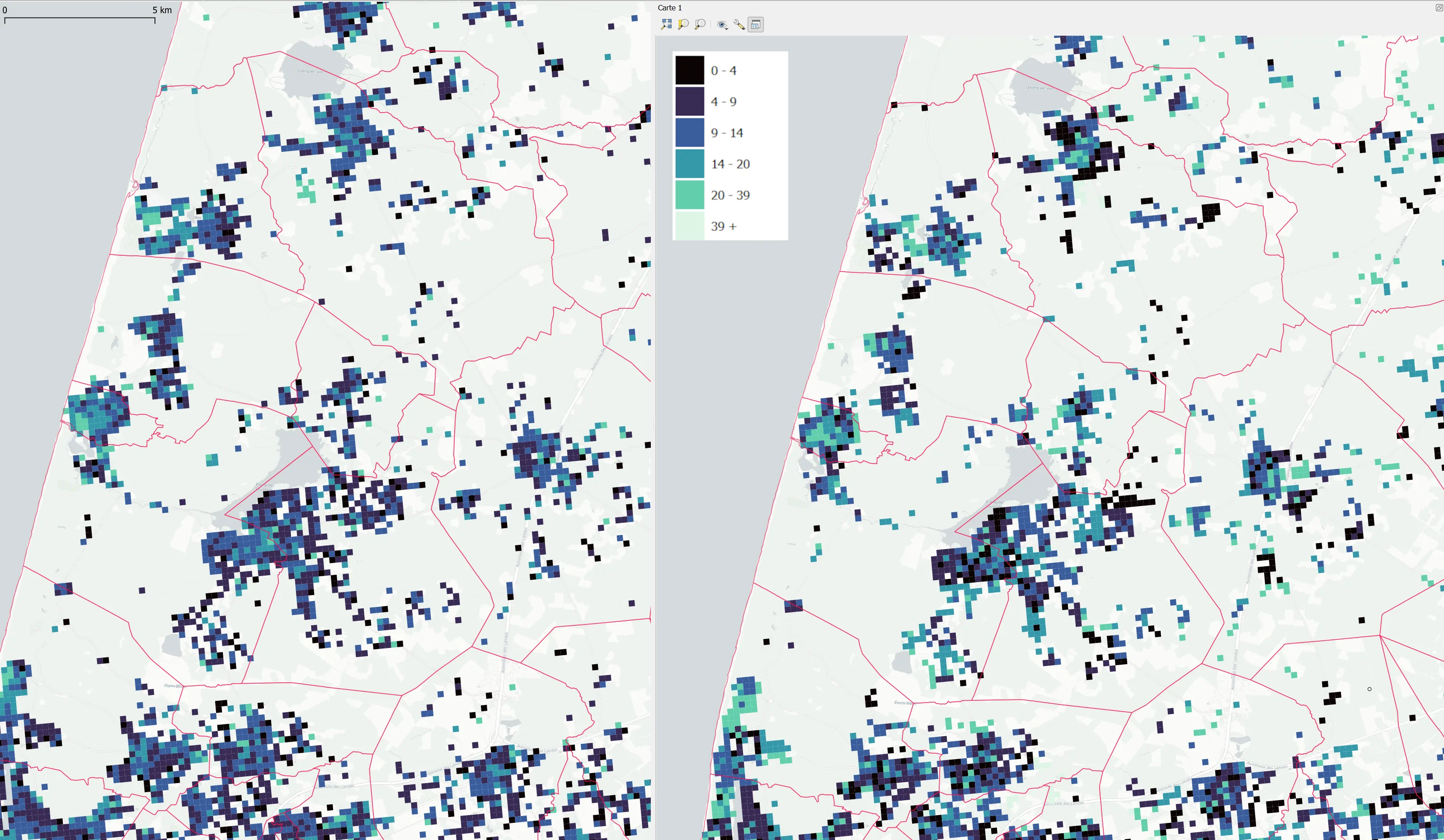 Taux de ménages pauvres, Landes (carreaux de 200m, à gauche: prédictions BDNB, à droite filosofi 2019)