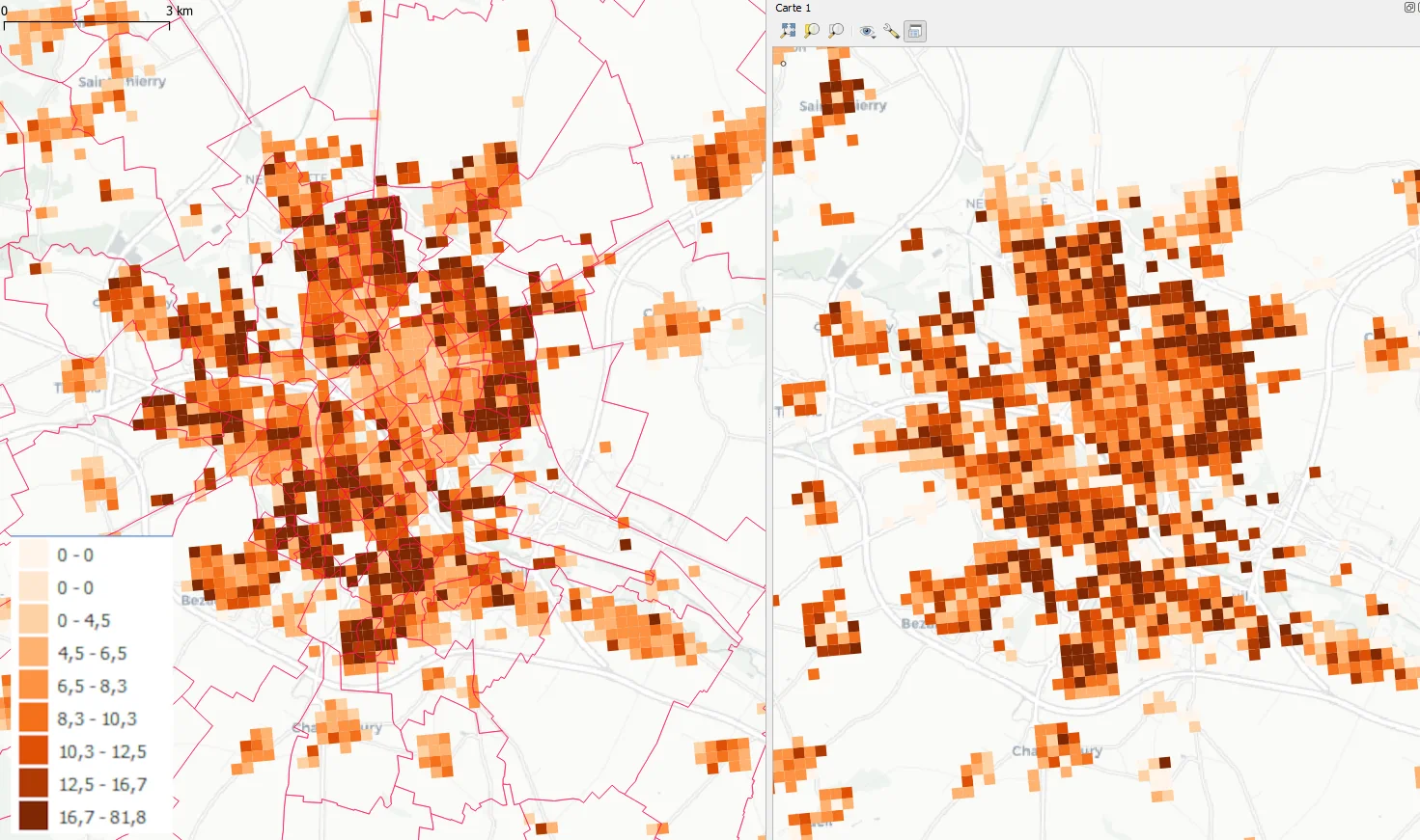 Taux de familles mono parentales, Reims (carreaux de 200m, à gauche: prédictions BDNB, à droite filosofi 2019)