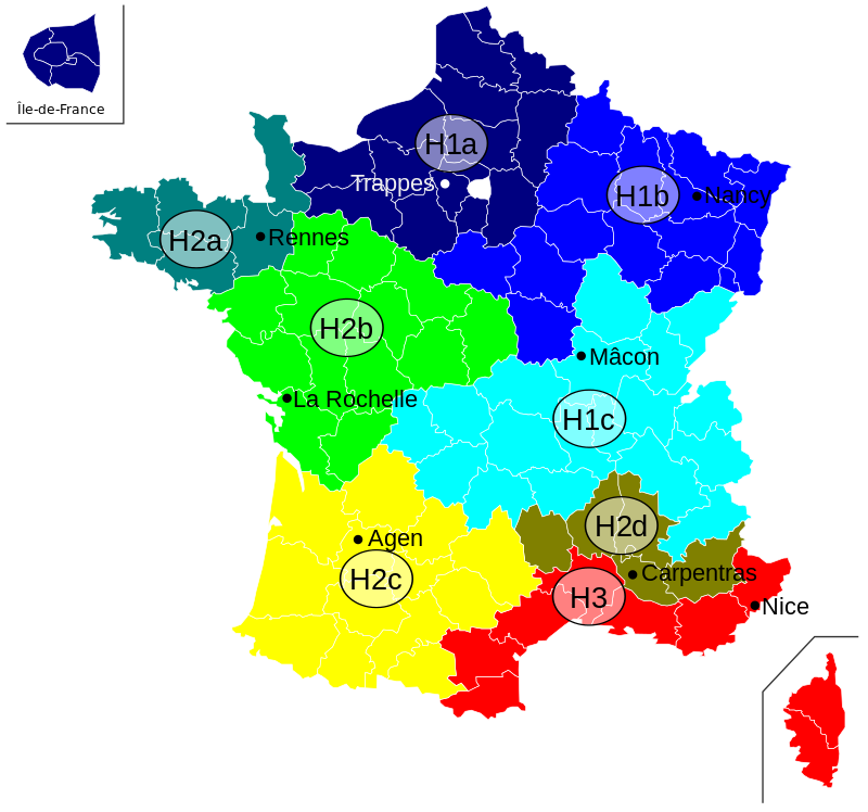 zones climatiques RT 2005 et 2012, carte source wikipedia